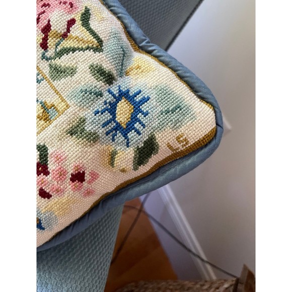 Vintage 15” Square Floral Cross Stitch Pillow - Picture 3 of 5